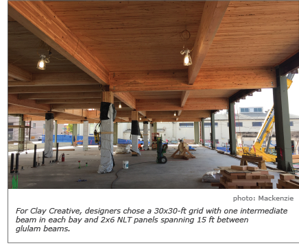 For Clay Creative, designers chose a 30x30-ft grid with one intermediate beam in each bay and 2x6 NLT panels spanning 15 ft between Glulam beams