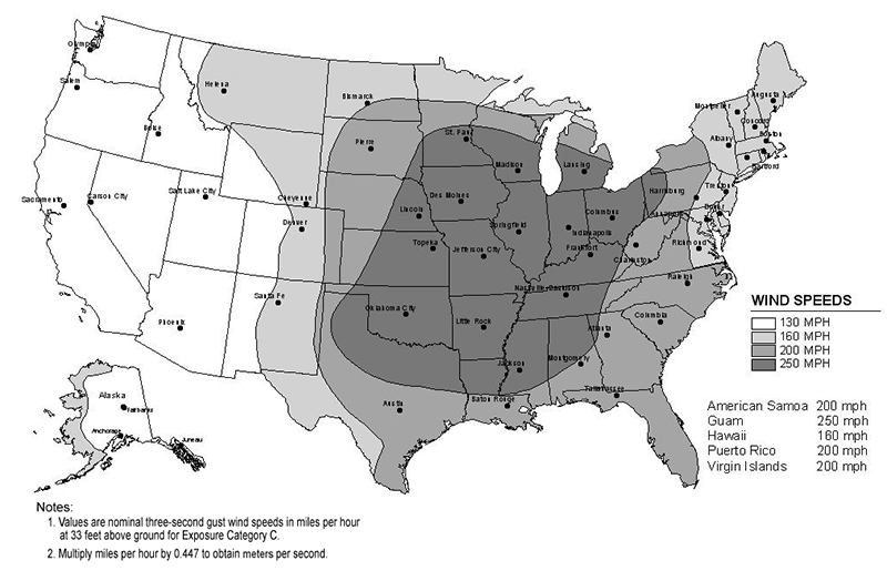 Map of the United States with information on wind speeds by location