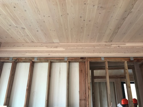 Tall wood ceiling in commercial building