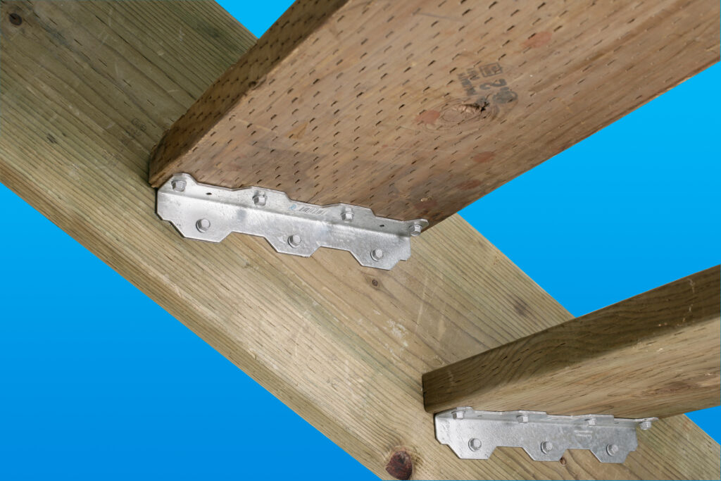 Up-close view of the underside of notched stair stringers