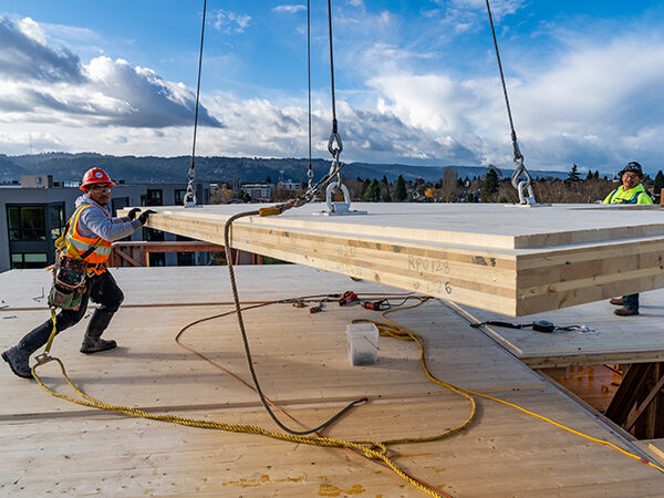 People Working Construction on a Timber Project by Guiding Large Wood Panels Suspended by a Crane