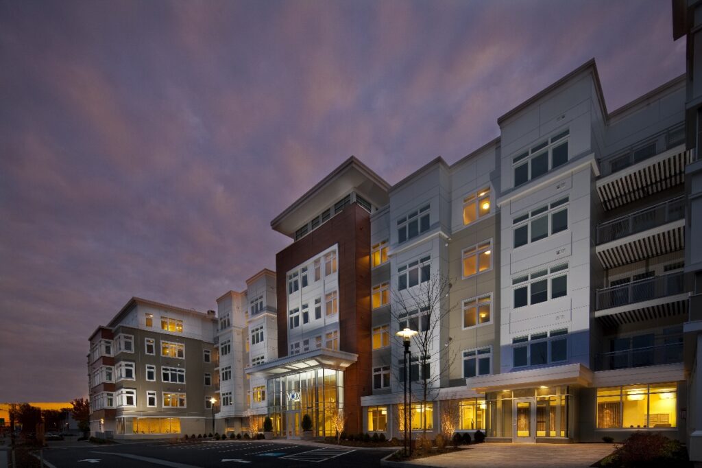 Commercial building at dusk