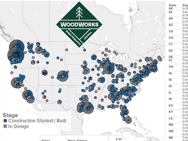 Market Trends - Mass Timber Project in the U.S. displayed on a map.