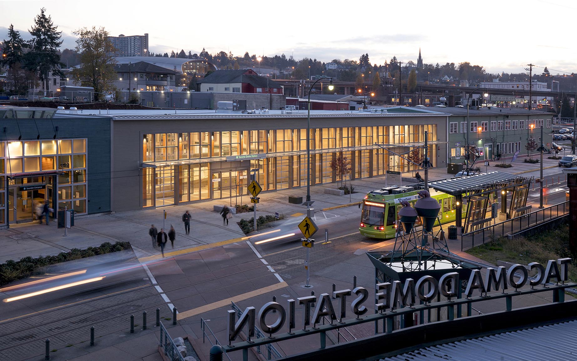 Amtrak Cascades Station exterior lit up