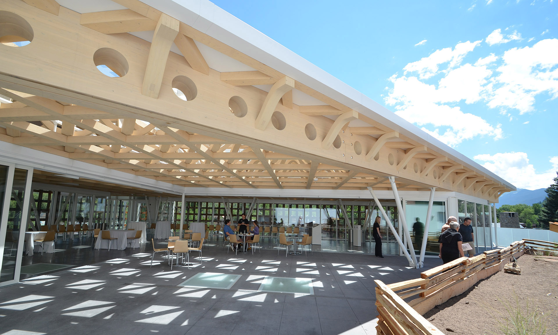 Aspen Art Museum patio under wood roof system