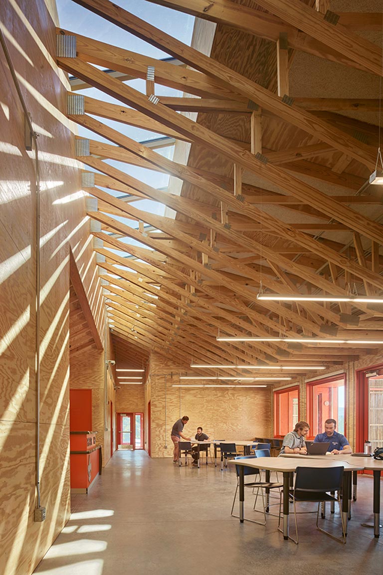 Basecamp Delta interior wood trusses