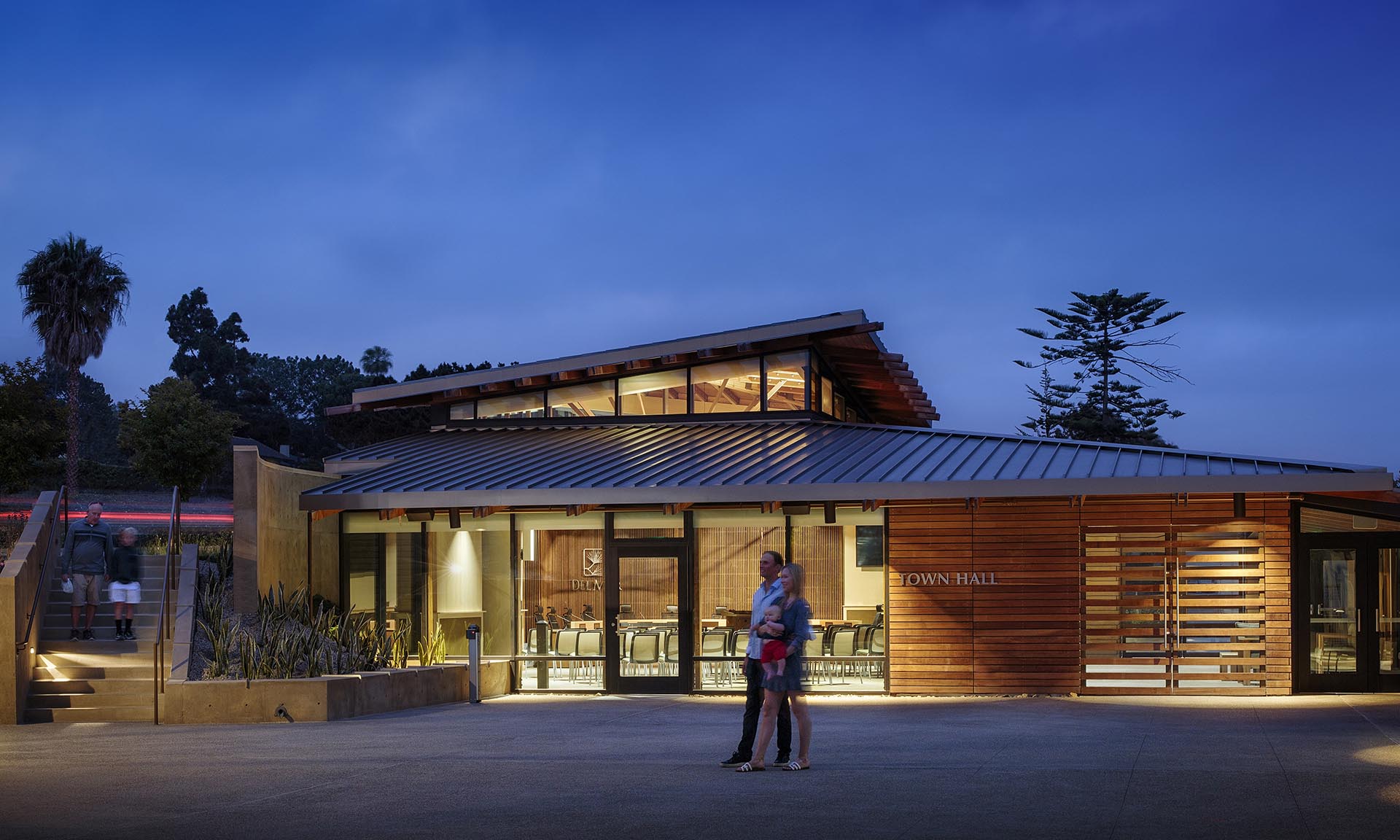 Del Mar Civic Center exterior lit up