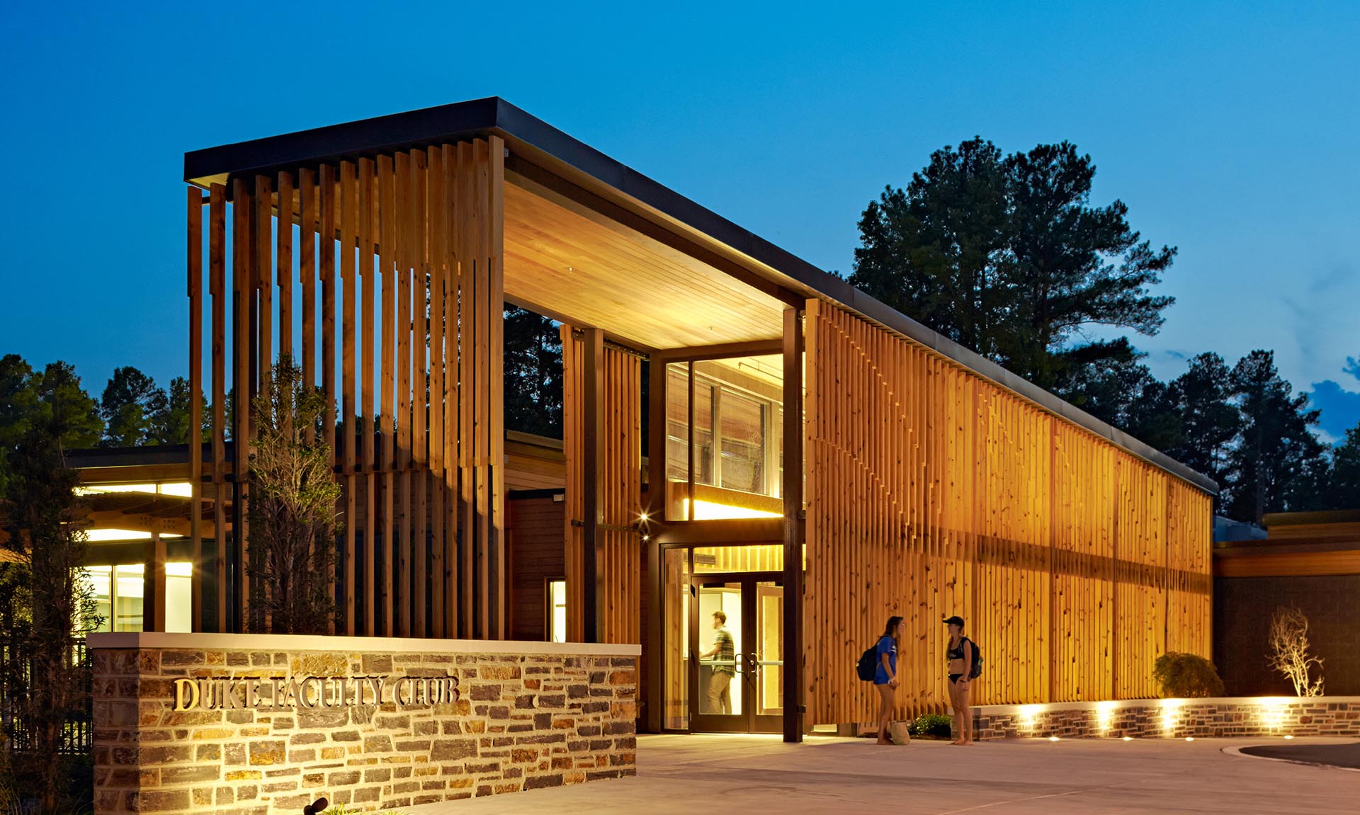 Duke Faculty Club exterior lit up