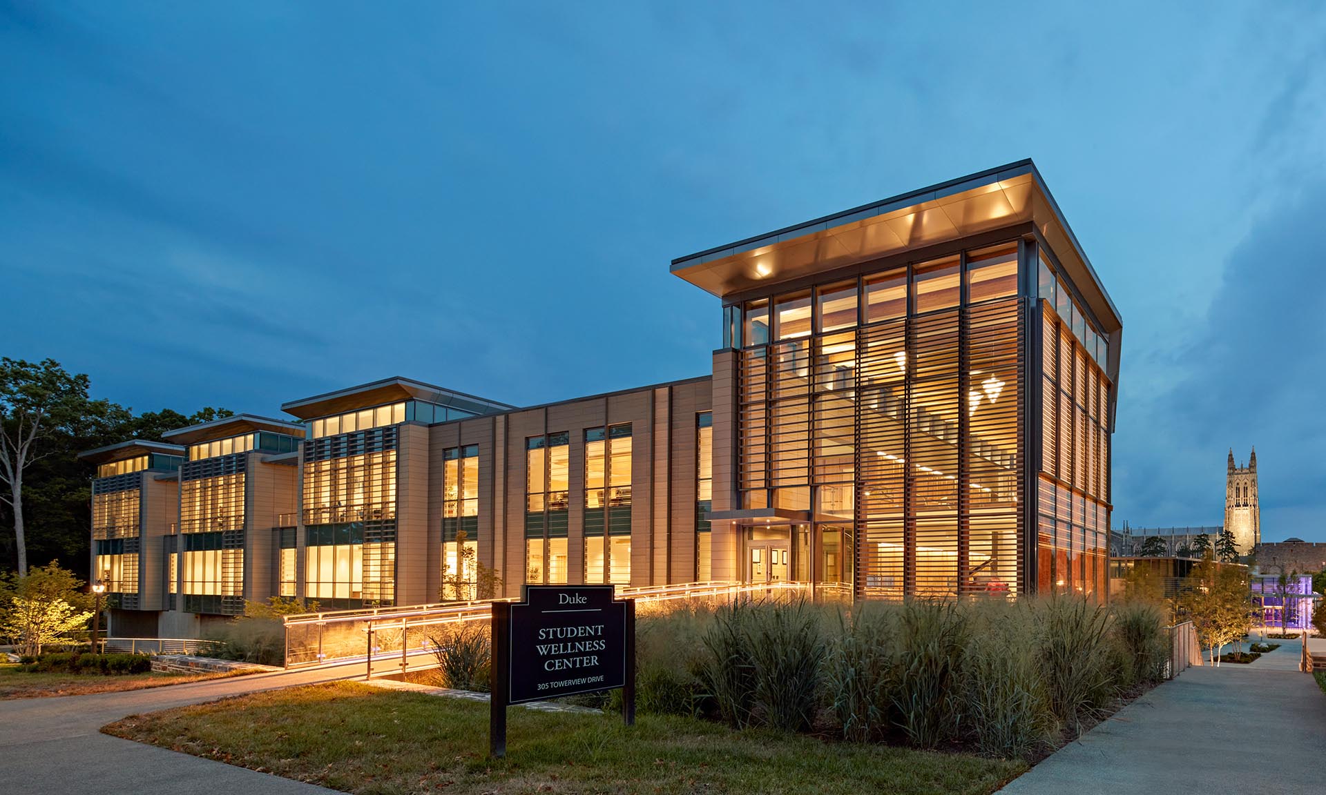 Duke University Student Wellness Center Lobby lit up