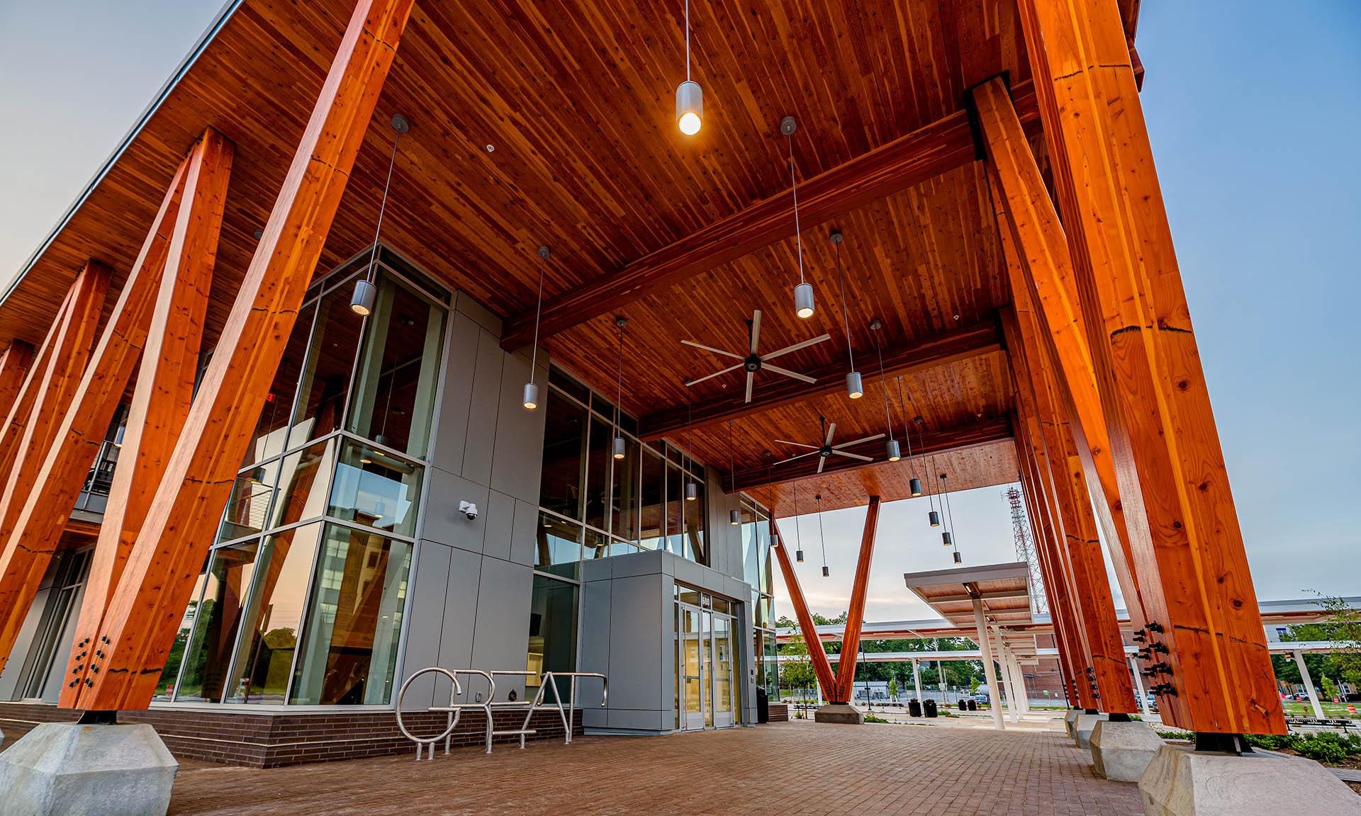 GK Butterfield Transportation Center exterior showing glulam bracing