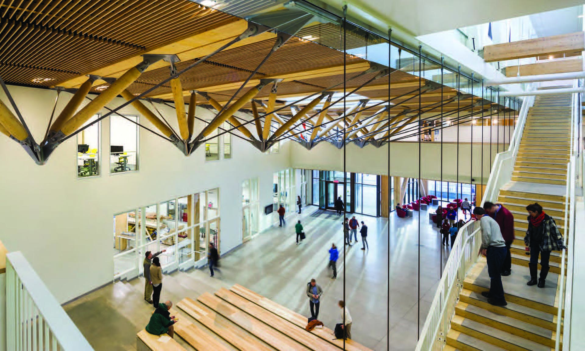 John W. Olver Design Building at UMass Amherst looking down on main floor