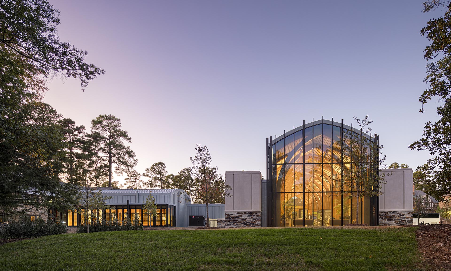 Karsh Alumni and Visitors Center, Duke University exterior lit up