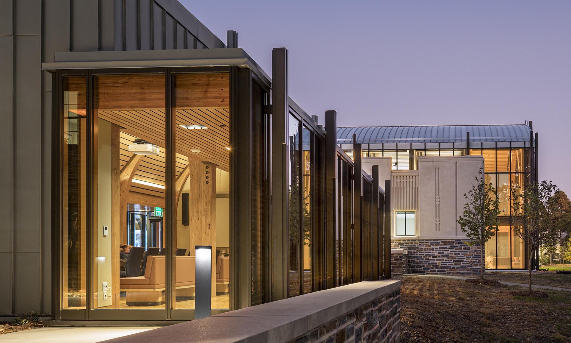 Karsh Alumni and Visitors Center, Duke University outside looking in