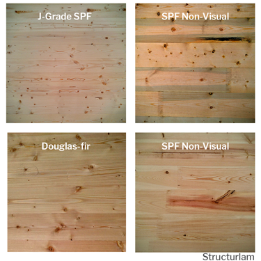 Examples of J-grade SPF, SPD Non-visual, and Douglas-fir wood