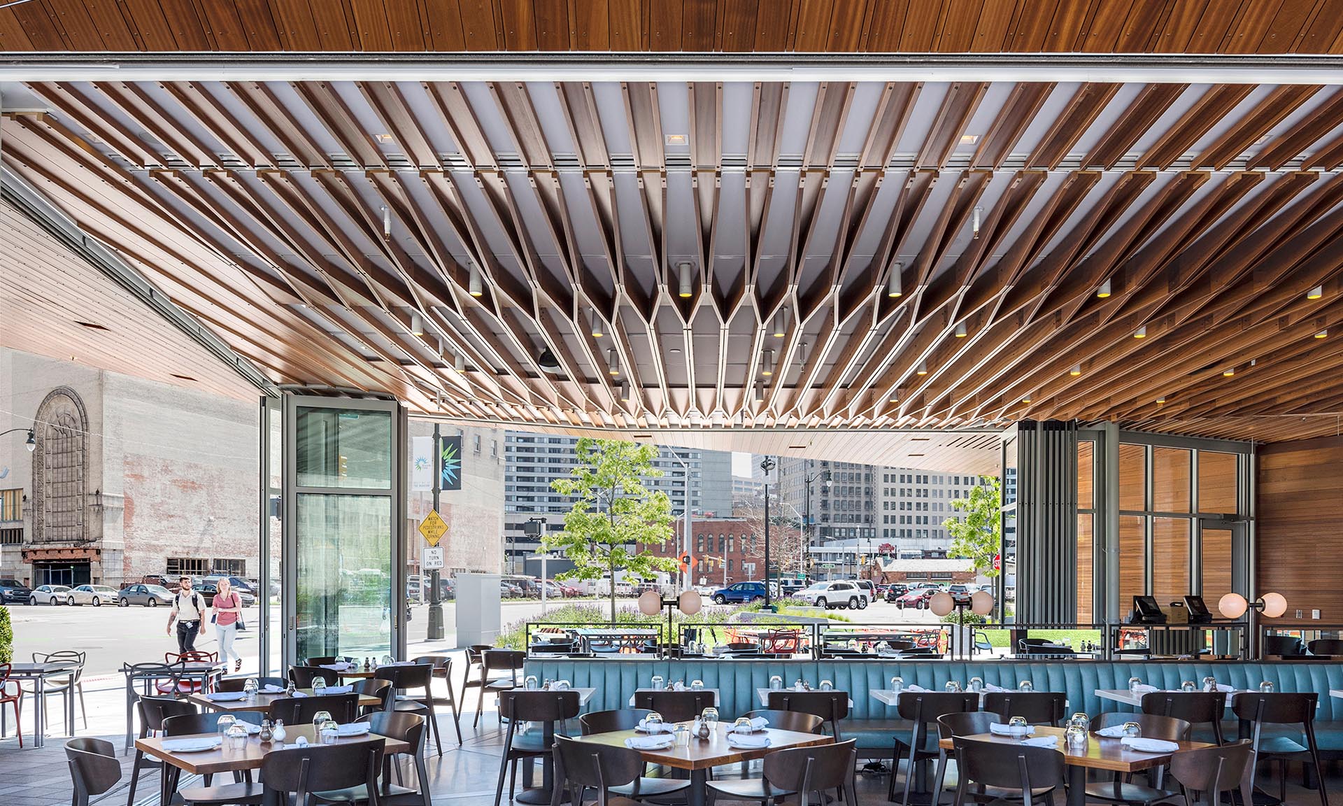 Lumen at Beacon Park restaurant louvered ceiling