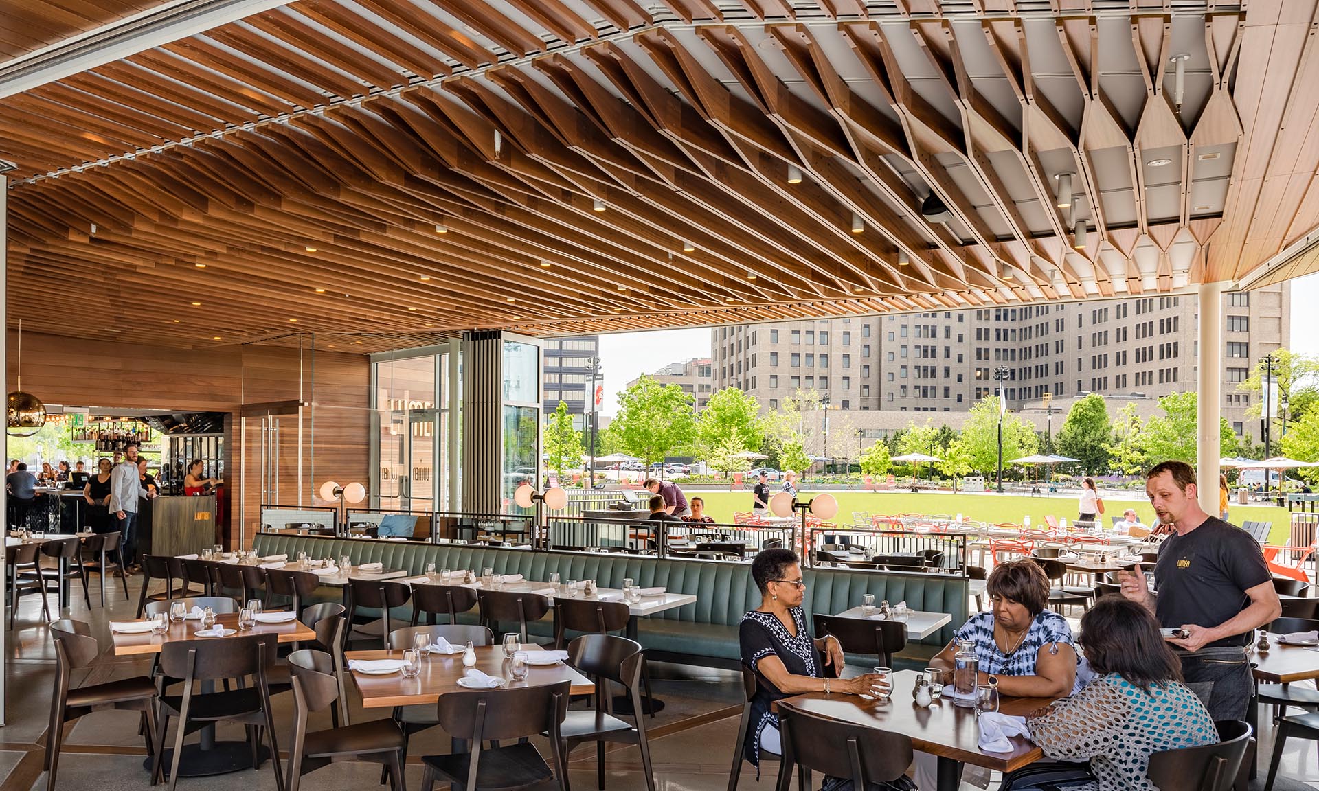 Lumen at Beacon Park dining area louvered ceiling