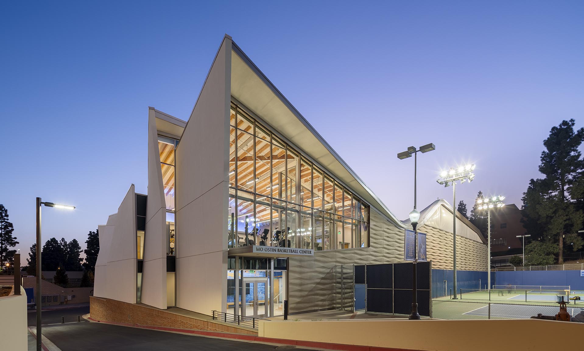 Mo Ostin Basketball Center at UCLA exterior lit up