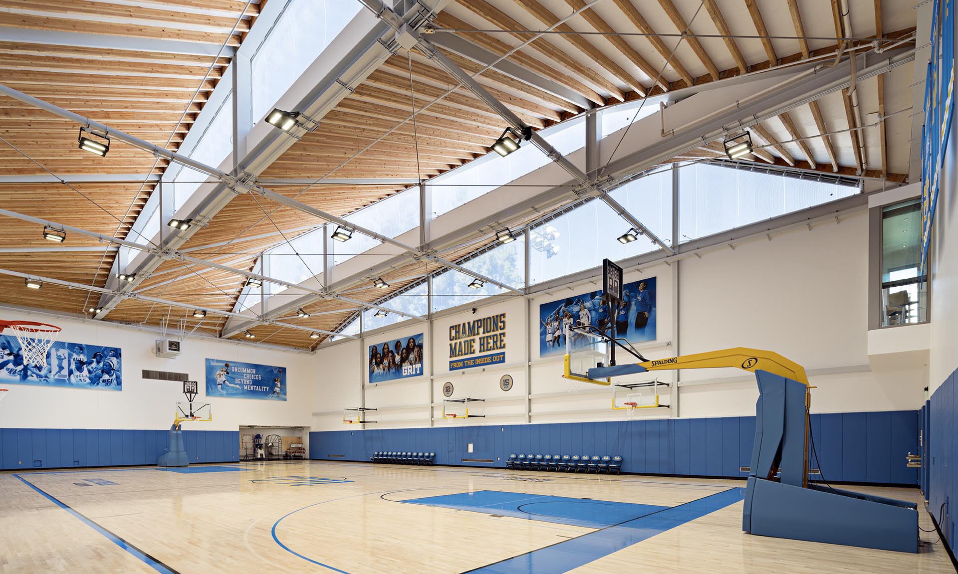 Mo Ostin Basketball Center at UCLA basketball court wood rafters