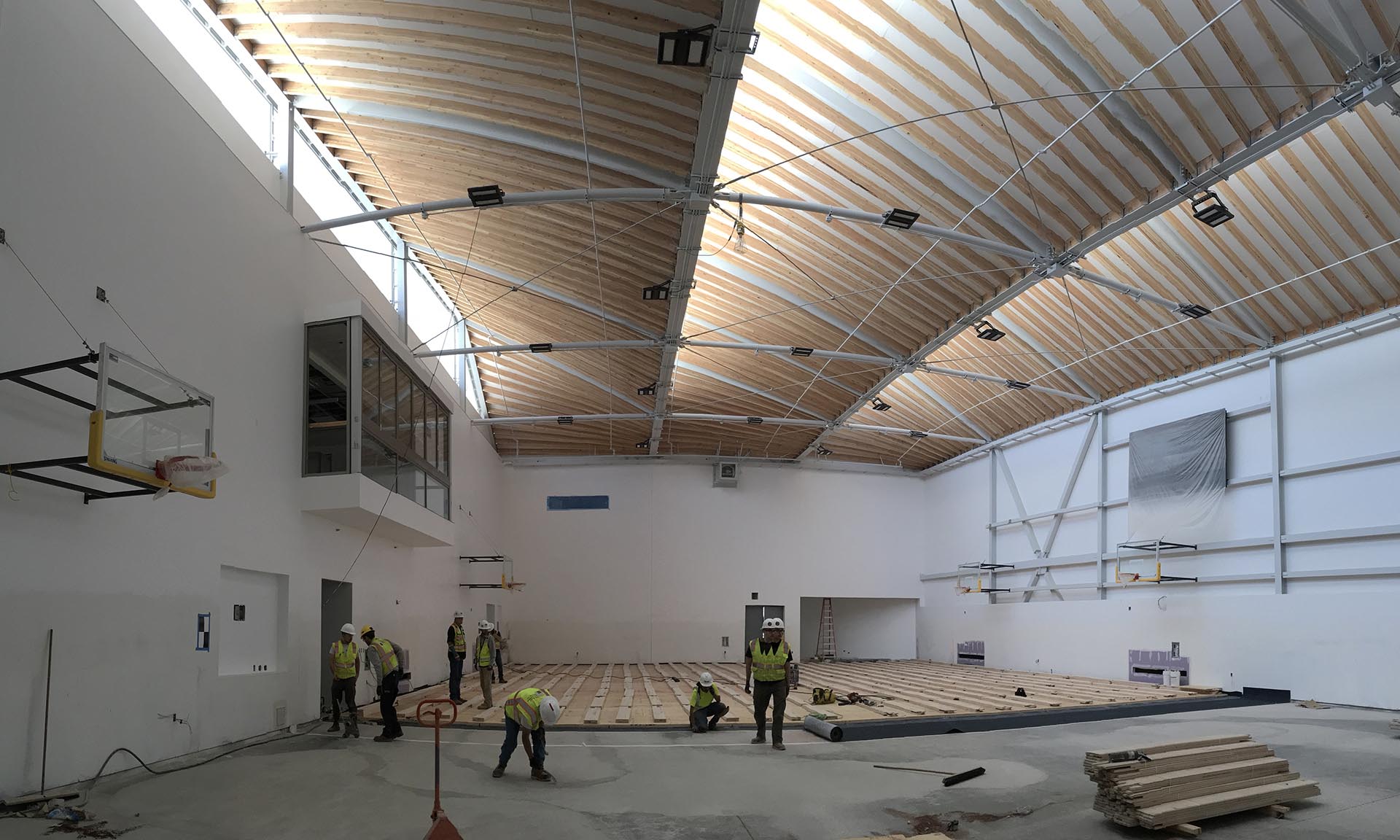 Mo Ostin Basketball Center at UCLA flooring under construction