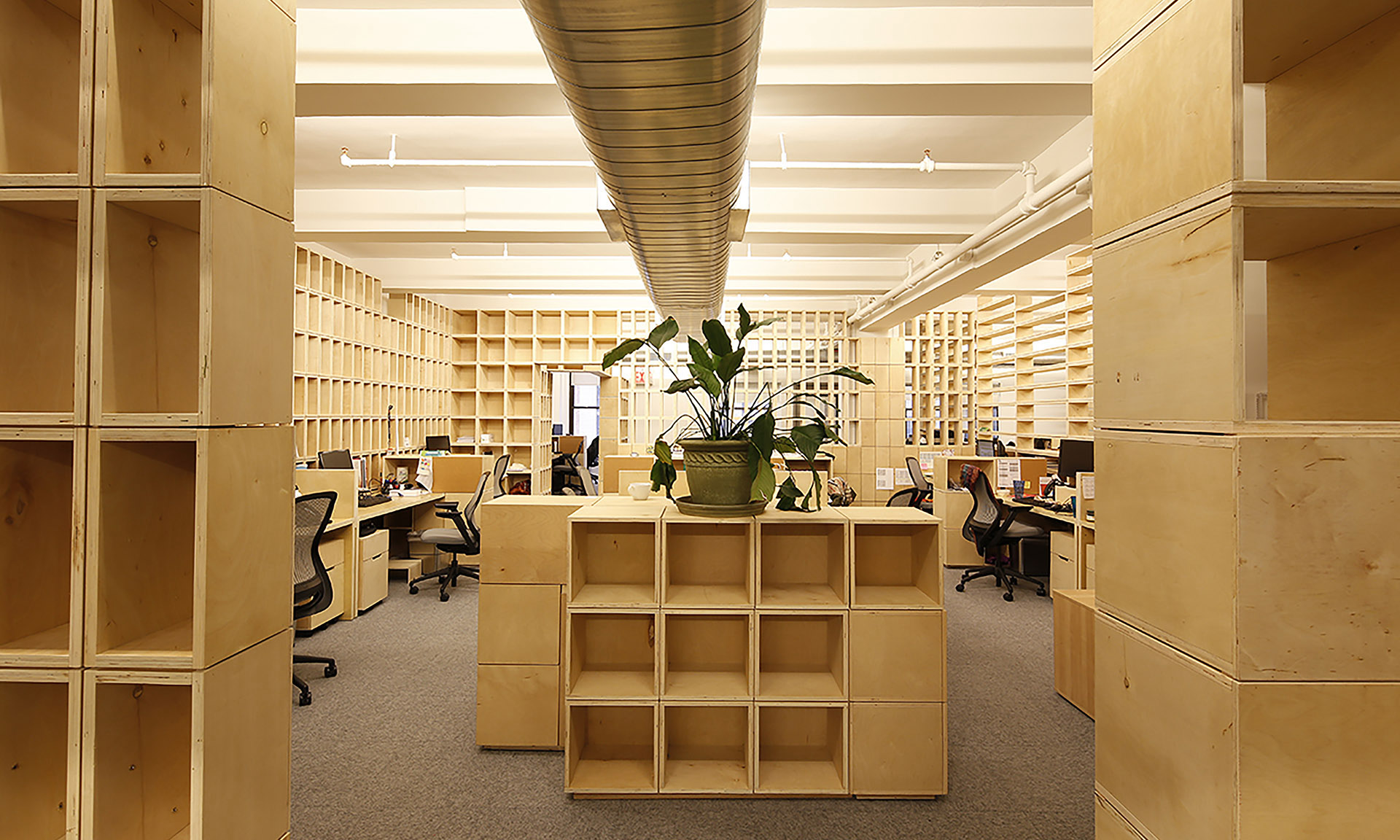 Office Entropy wood panels and cubes