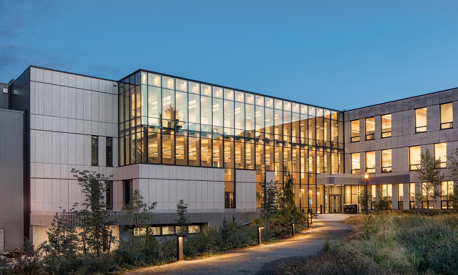 Oregon State University Forest Science Complex exterior lit up