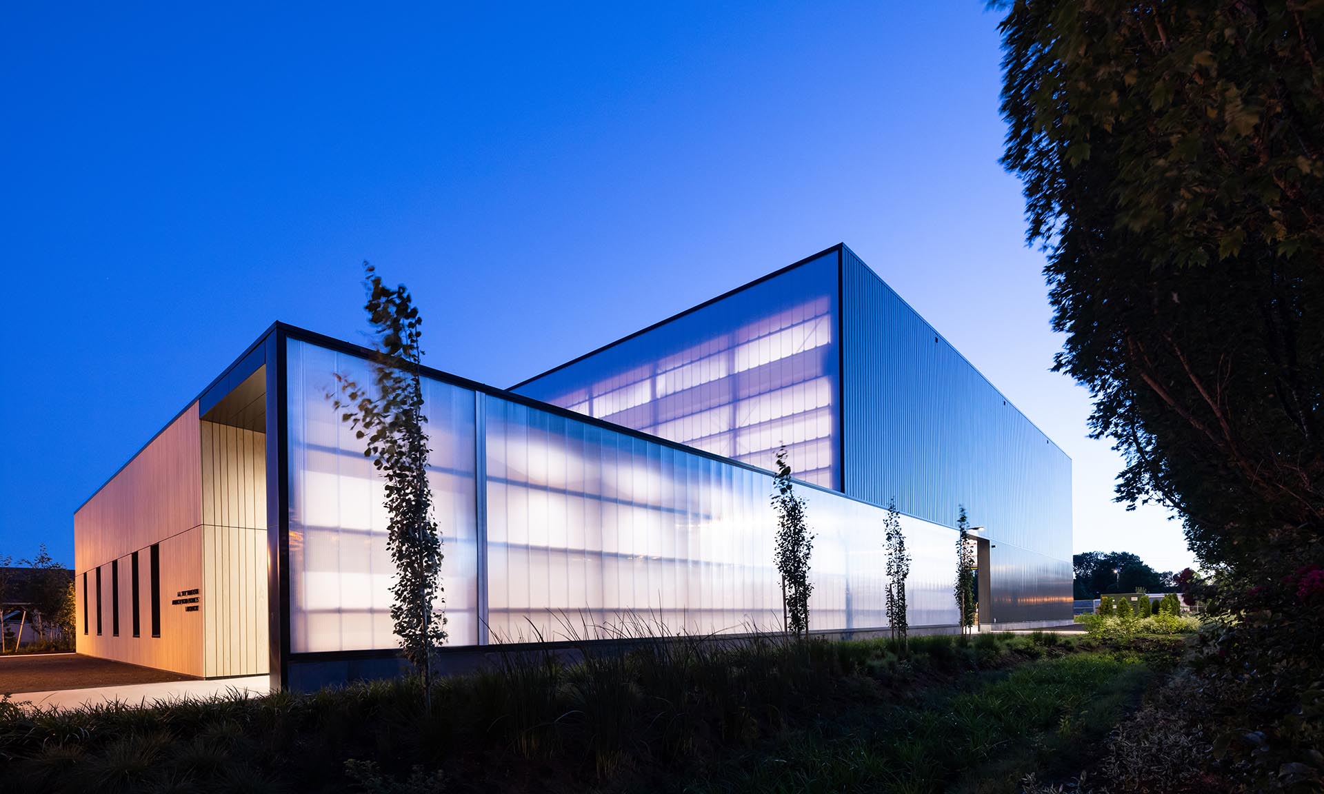 Oregon State University Forest Science Complex exterior lit up