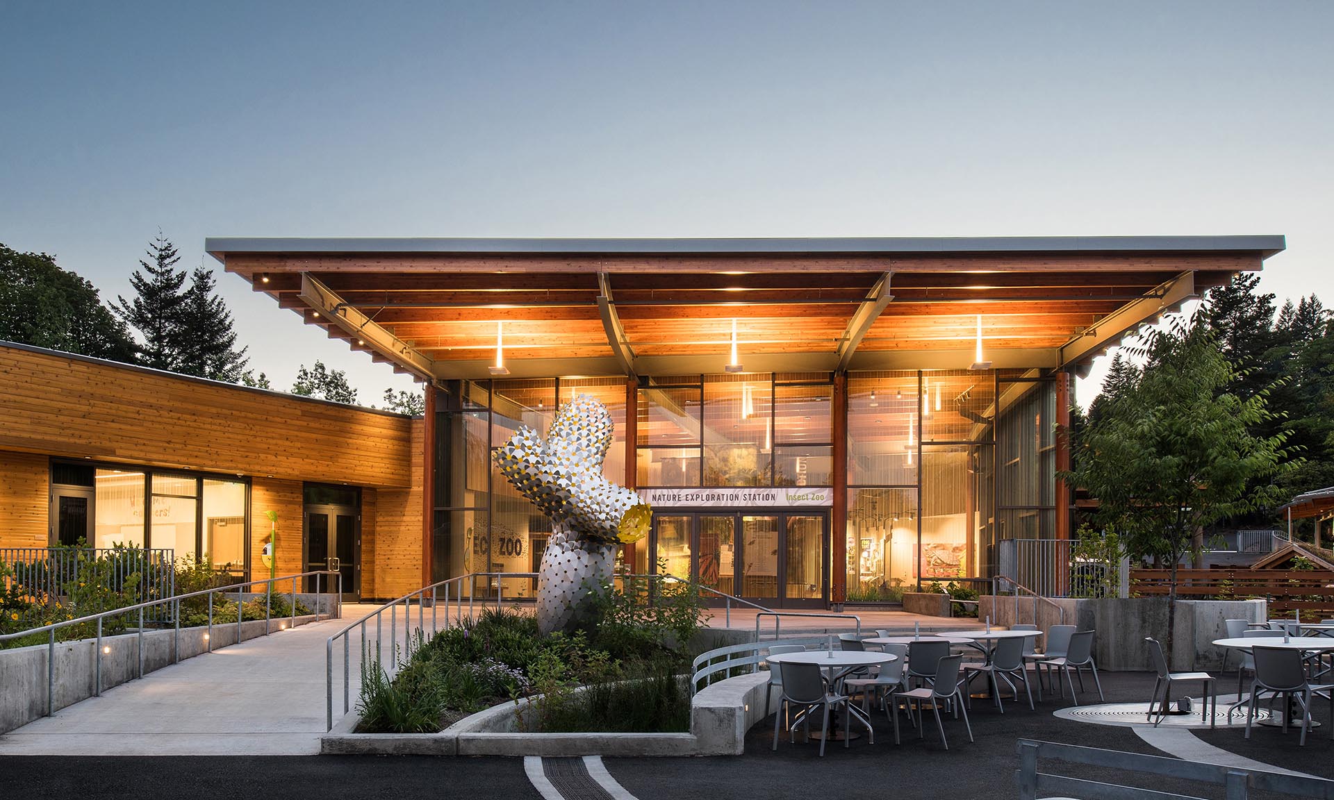 Oregon Zoo Education Center exterior lit up