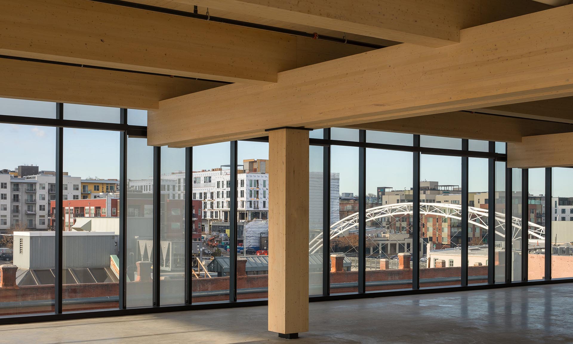 Platte fifteen indoor view looking out to the city