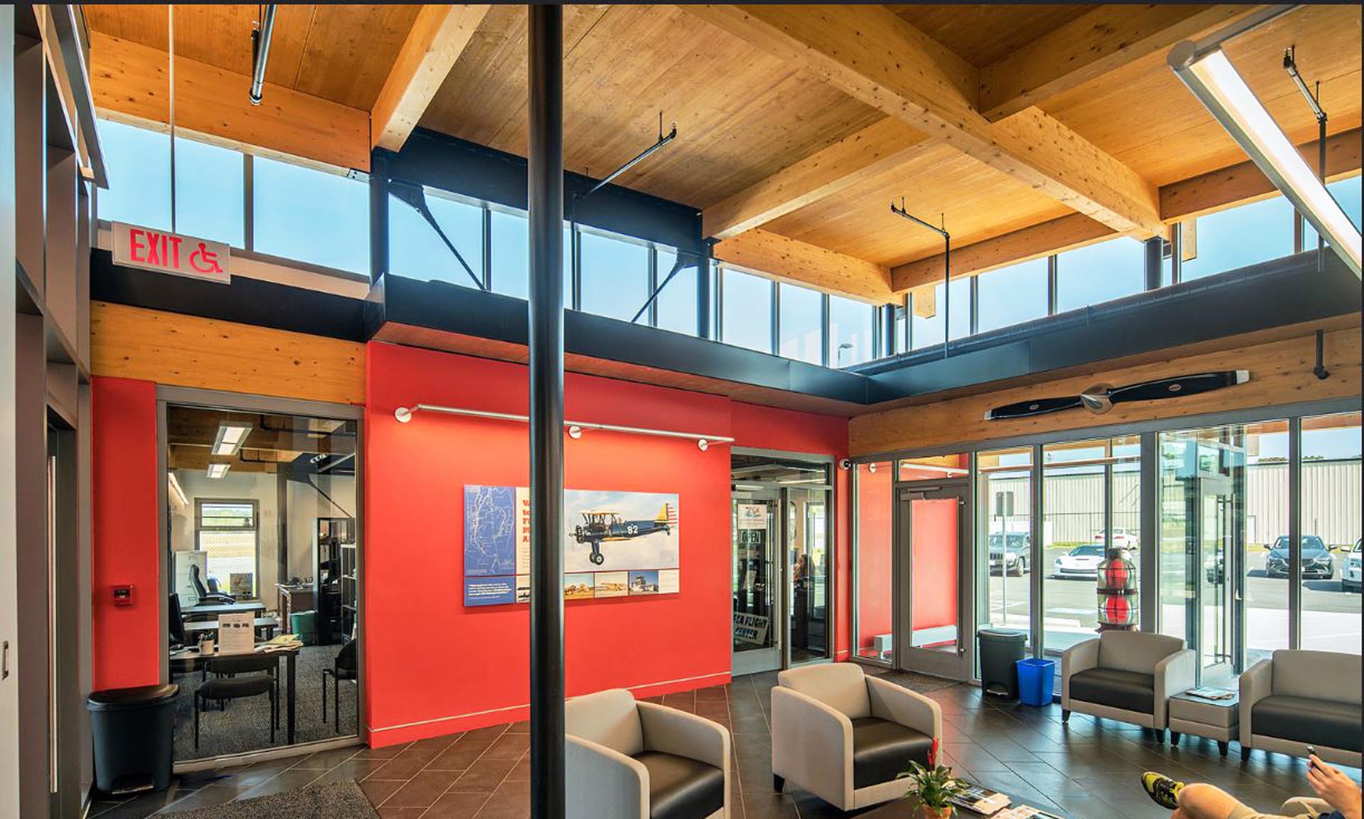 State of Massachusetts Public-Use Airport Buildings waiting area glulam clt ceiling