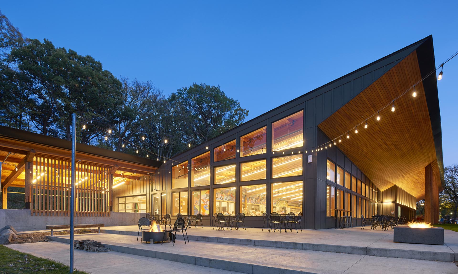 Trailhead Building at Theodore Wirth Park lit up