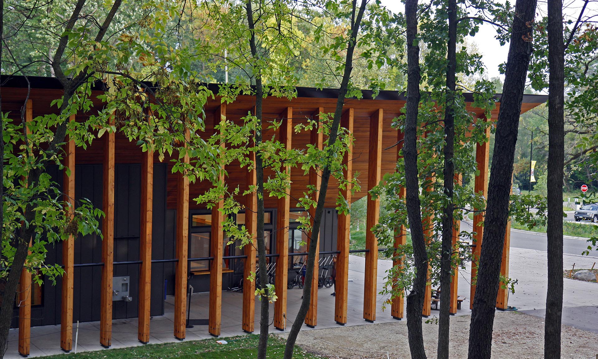 Trailhead Building at Theodore Wirth Park exterior colonnade