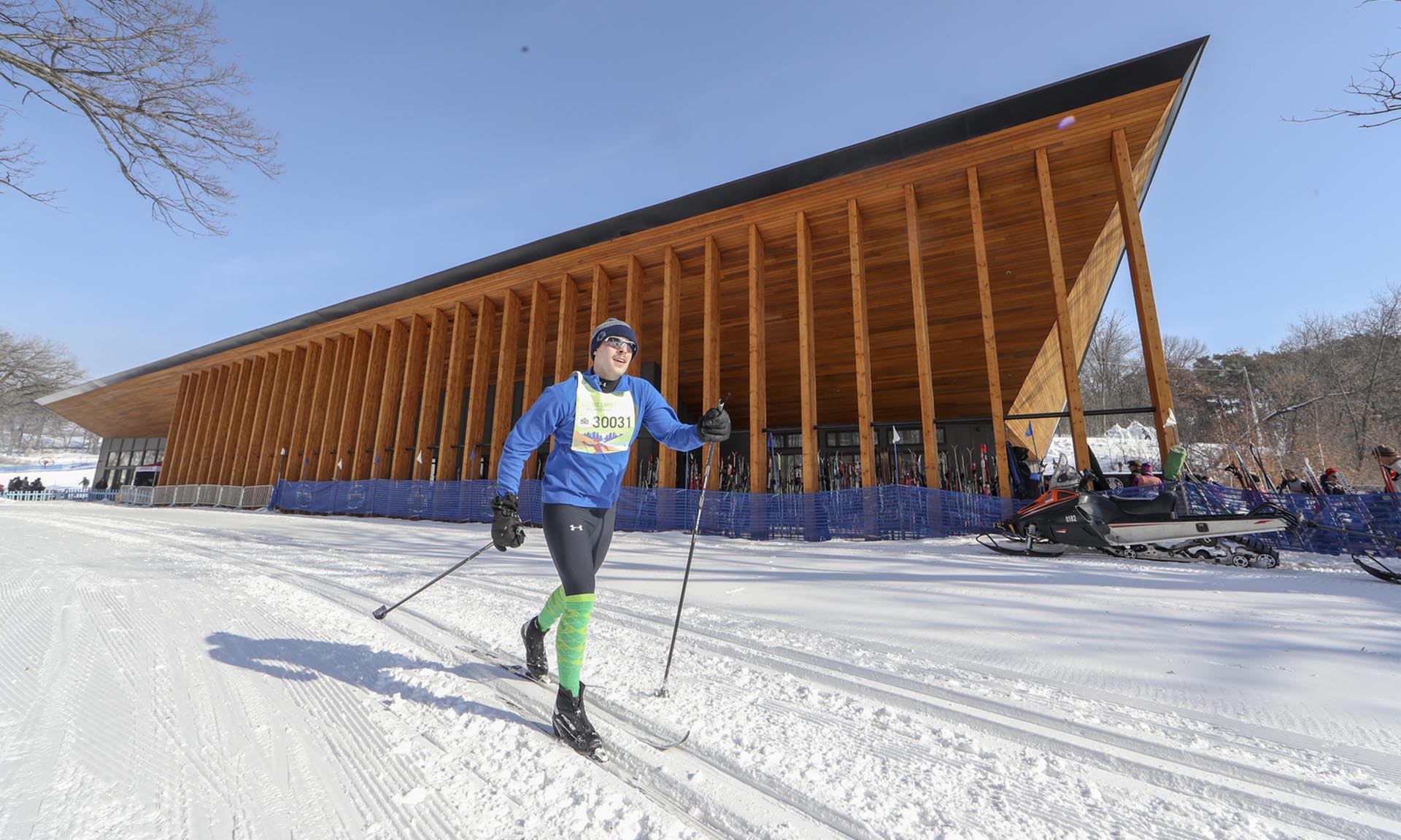 Trailhead Building at Theodore Wirth Park exterior with skier