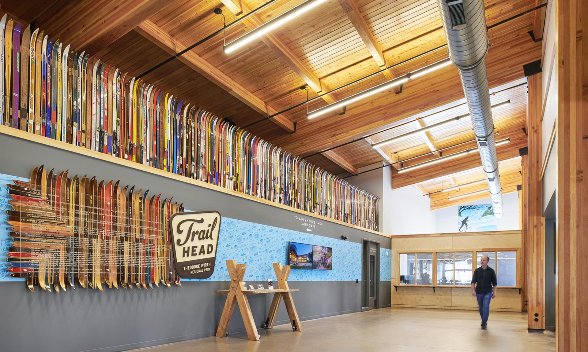 Trailhead Building at Theodore Wirth Park interior with skis