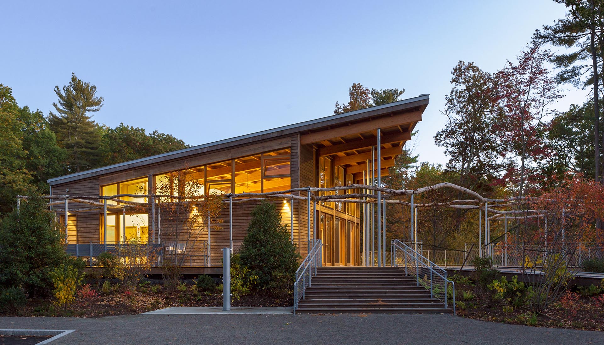 Walden Pond Visitor Center exterior lit up